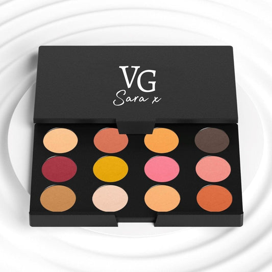 Black box of 12 eyeshadows palette with a logo VG Sara x