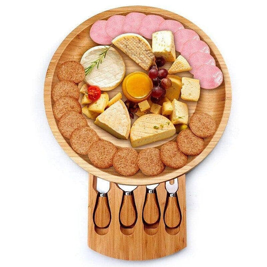 Handcrafted cheese board set with an assortment of cheeses and crackers