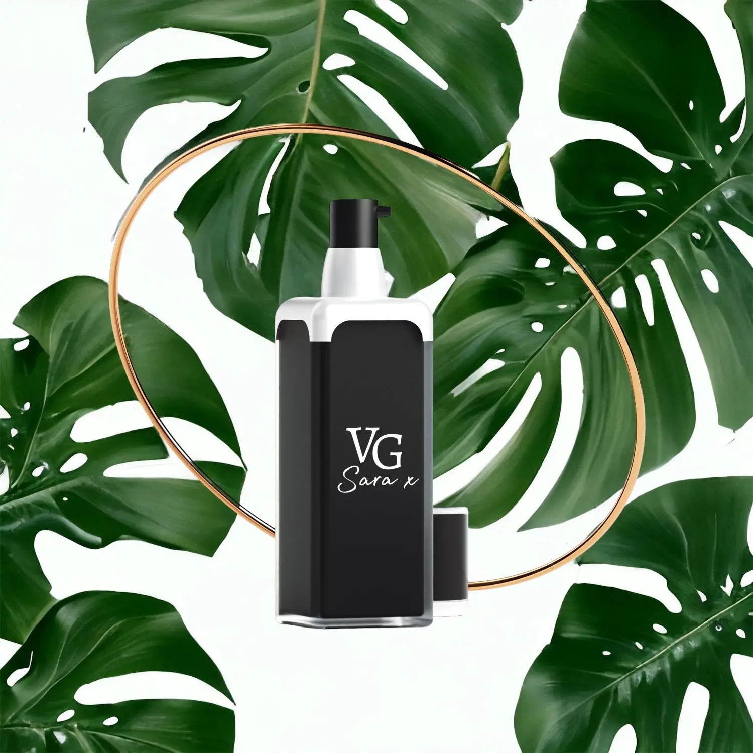 Vg Sara x's Luxurious Anti-Aging Serum bottle displayed alongside some green leaves 