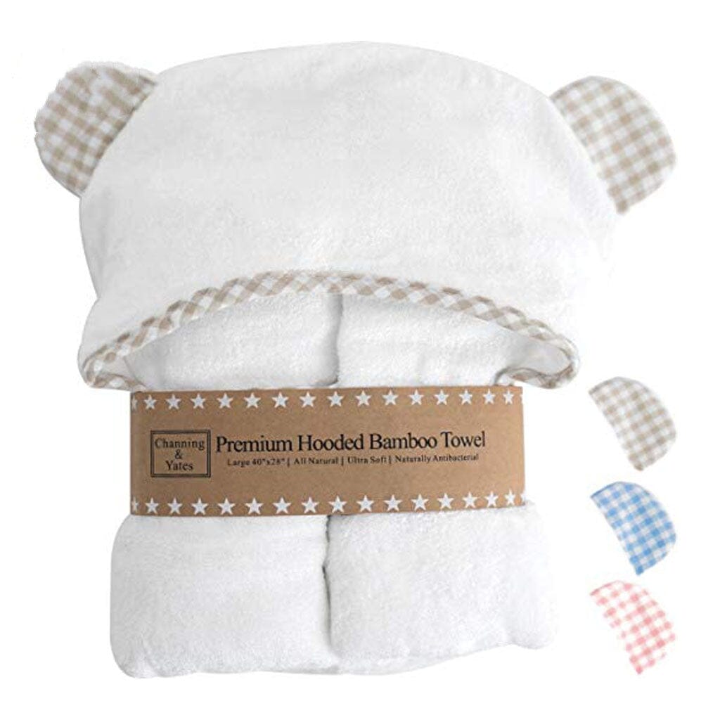 Bamboo baby blanket with teddy bear hood in blue and white plaid pattern