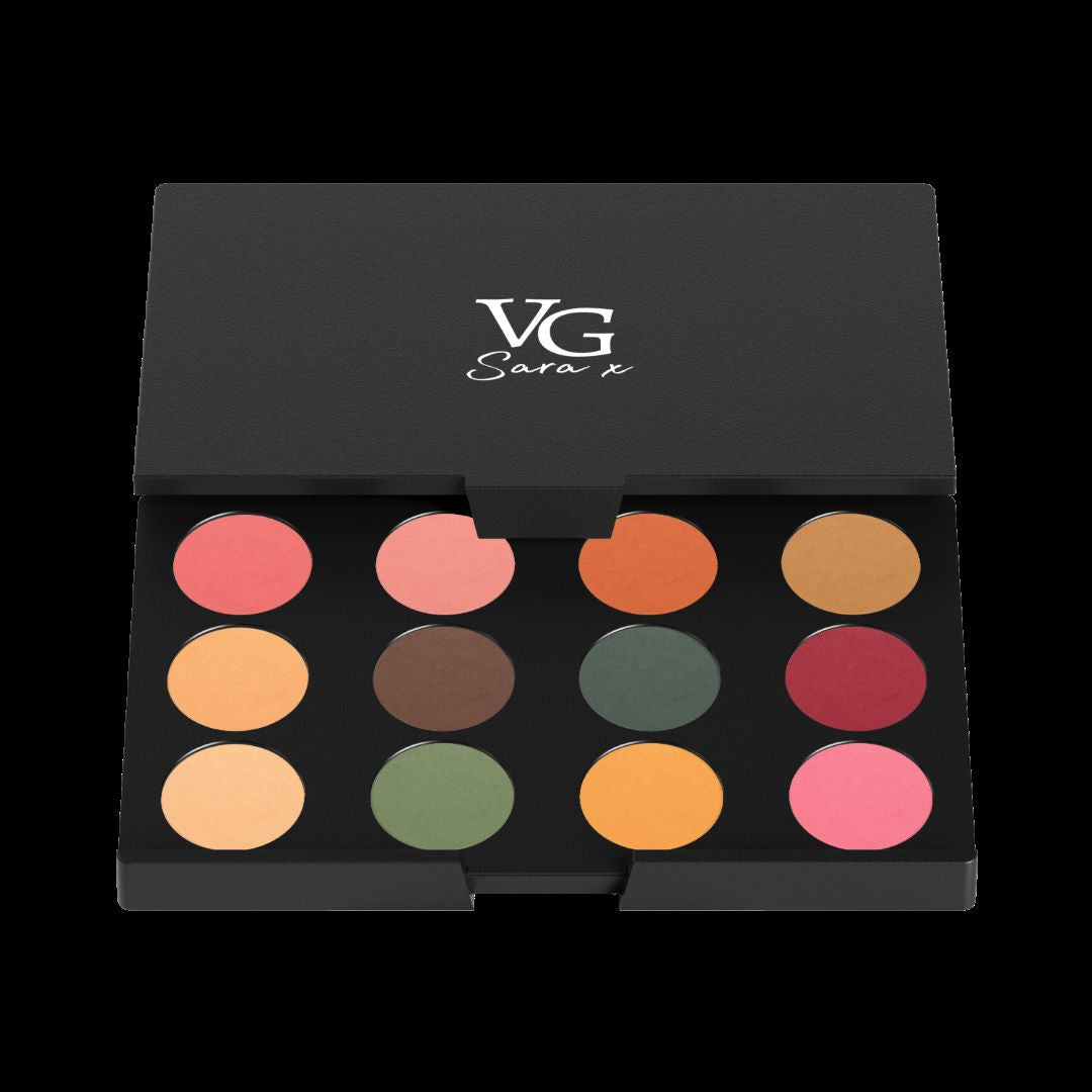 assorted twelve colors of a vegan eyeshadow palette