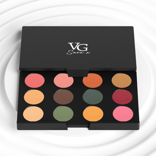 assorted eyeshadow palette of twelve colors on a white canvas
