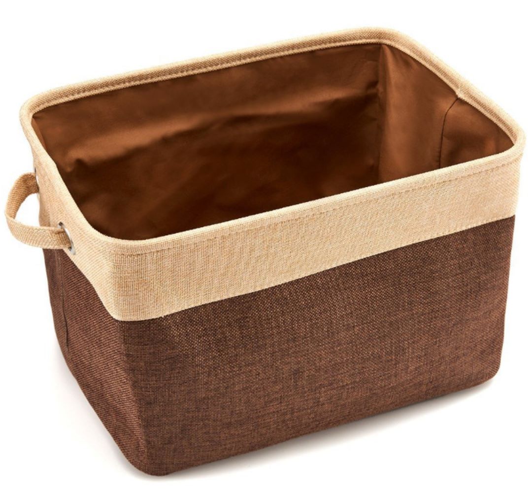 Left side of a brown and beige storage basket