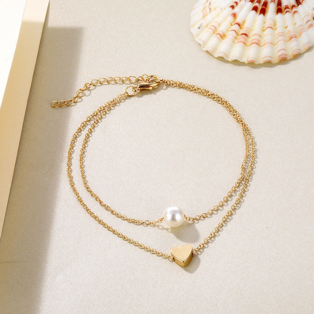 Gold love beach summer anklet with a pearl
