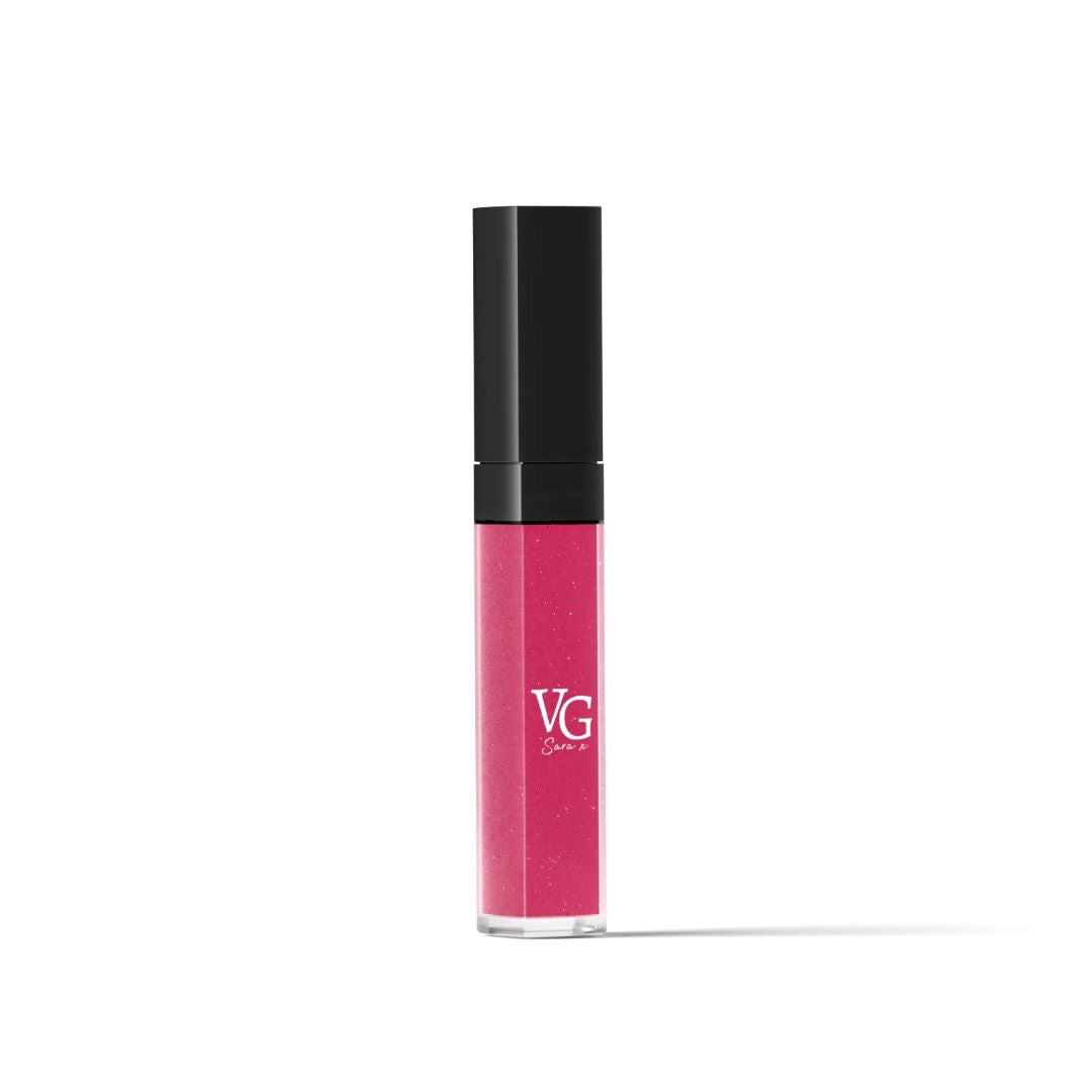 vibrant pink vegan lip gloss with a sustainable black lid