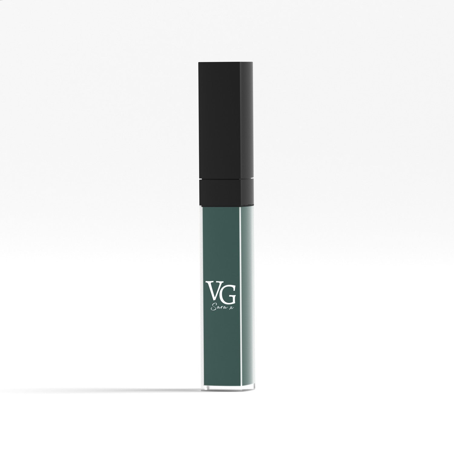 Eco-friendly vegan liquid lipstick in a unique green tint on a white backdrop