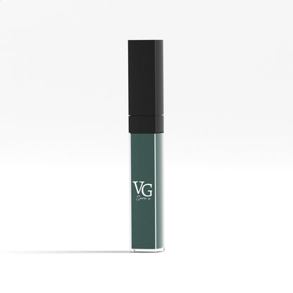 Eco-friendly vegan liquid lipstick in a unique green tint on a white backdrop