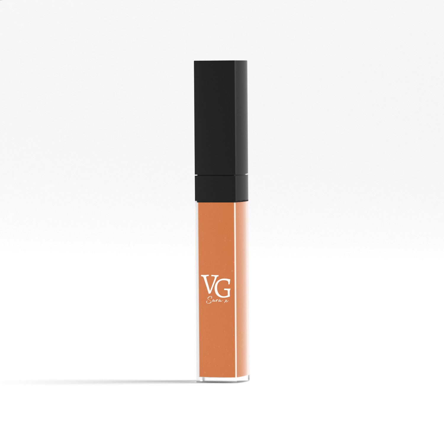Coral shade liquid in a transparent lip container with logo