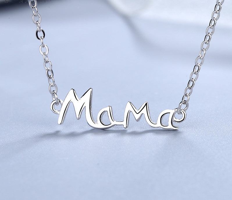 close view silver letters mama necklace