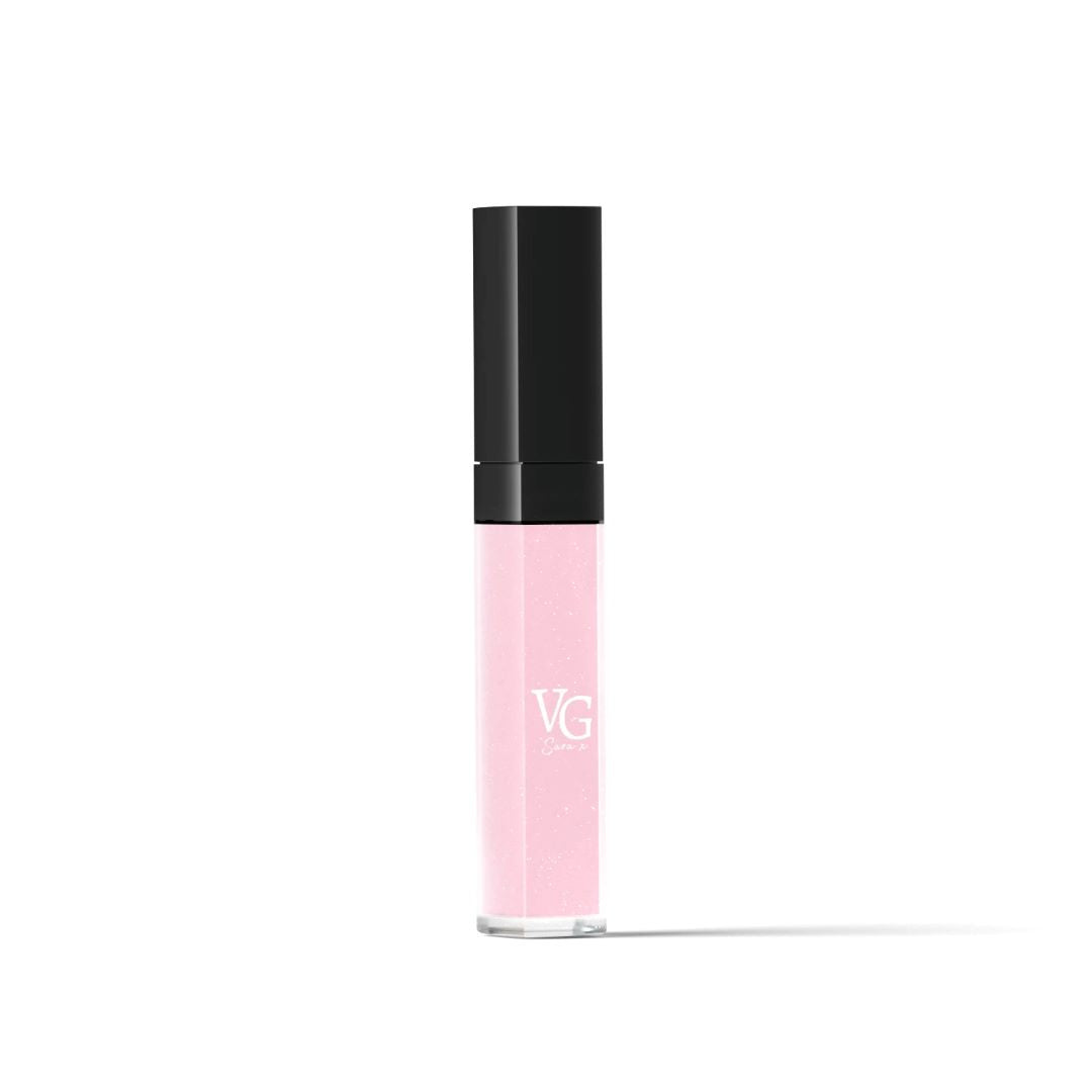 Pink vegan lip gloss displayed on a pure white surface