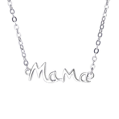 Elegant silver letters Mama necklace on a white canvas