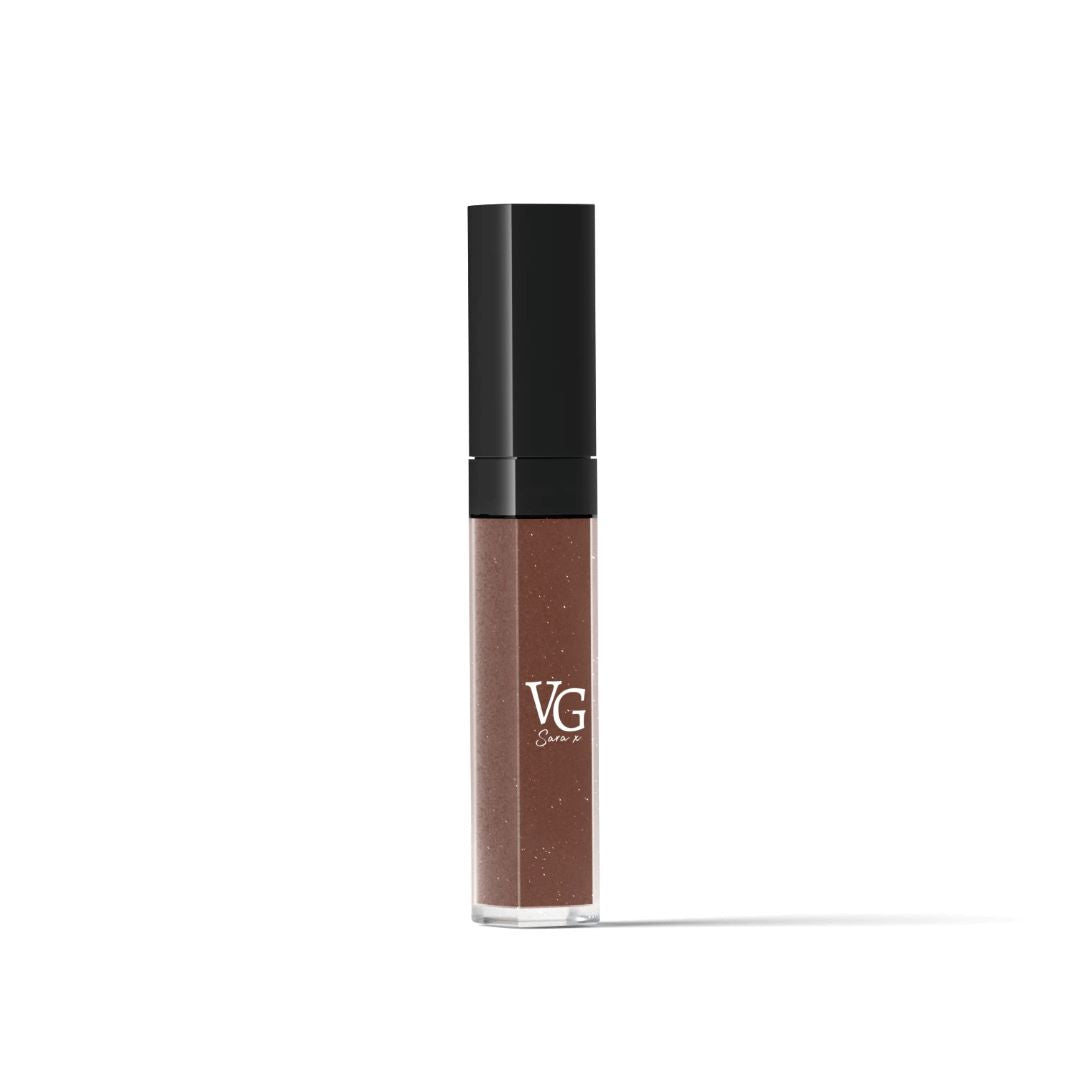 Brown vegan lip gloss with ethical black packaging
