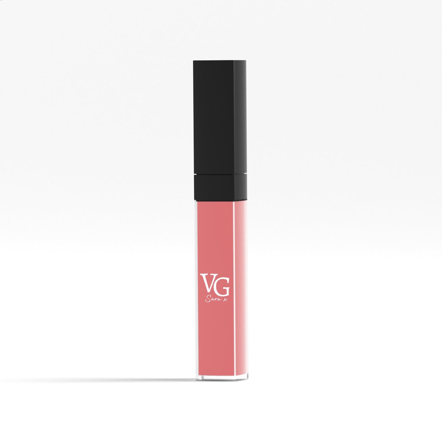 Vegan liquid lipstick in a light pink with VG logo on packaging