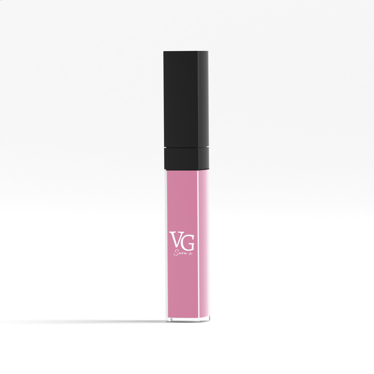 Close-up of vegan pink lip gloss with branding
