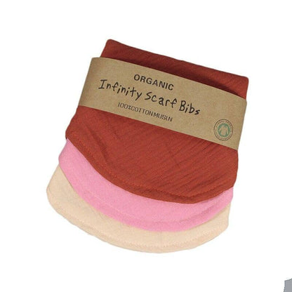 A pink, red and beige baby saliva bibs made of 100% organic cotton