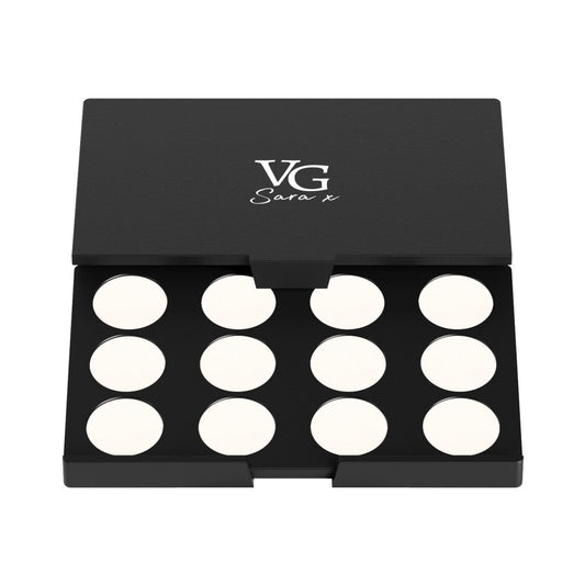 Case of 12 eyeshadow palette refills with a logo