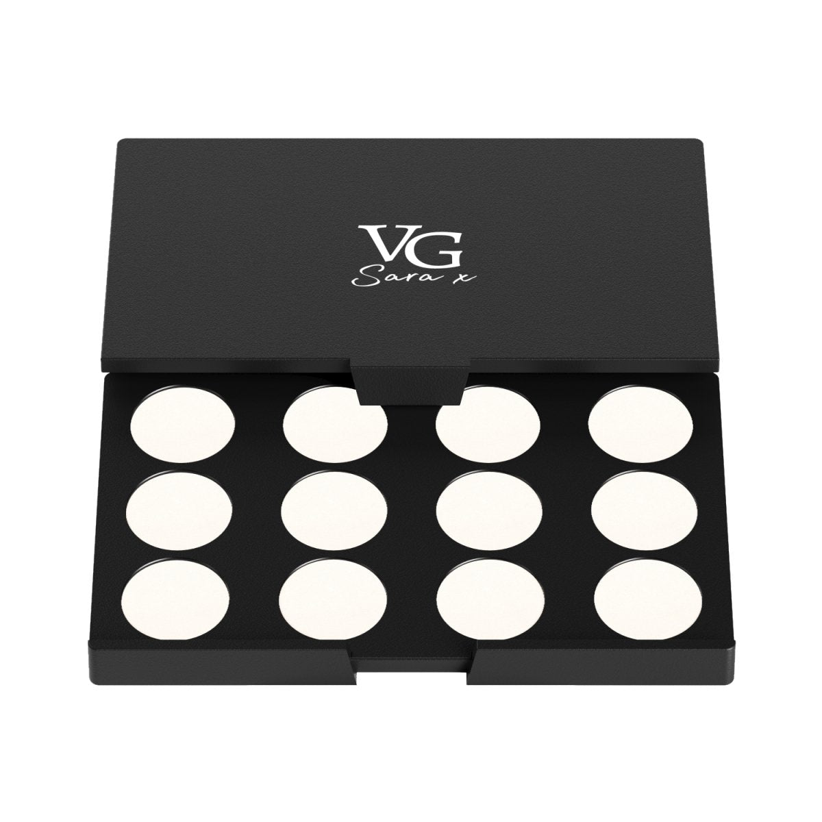 Case of 12 eyeshadow palette refills with a logo