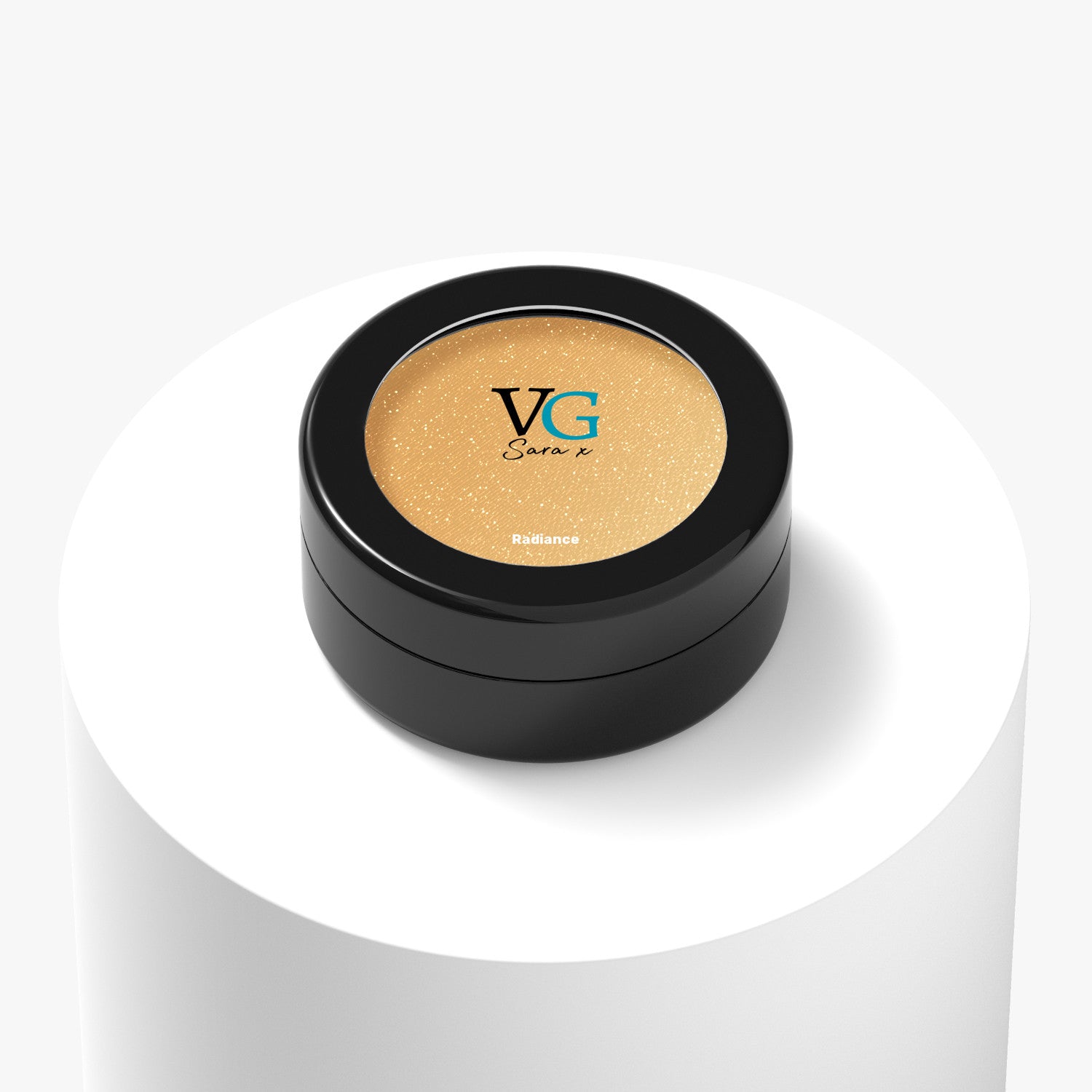 black container of radiance-name vegan sparkling eyeshadow with logo on cover VG Sara ☓