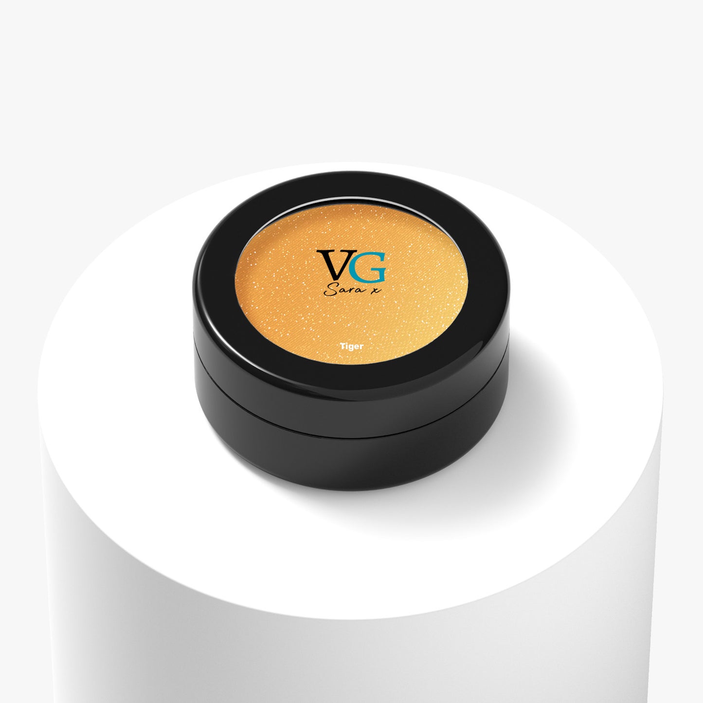 black container of tiger-name vegan sparkling eyeshadow with logo on cover VG Sara ☓