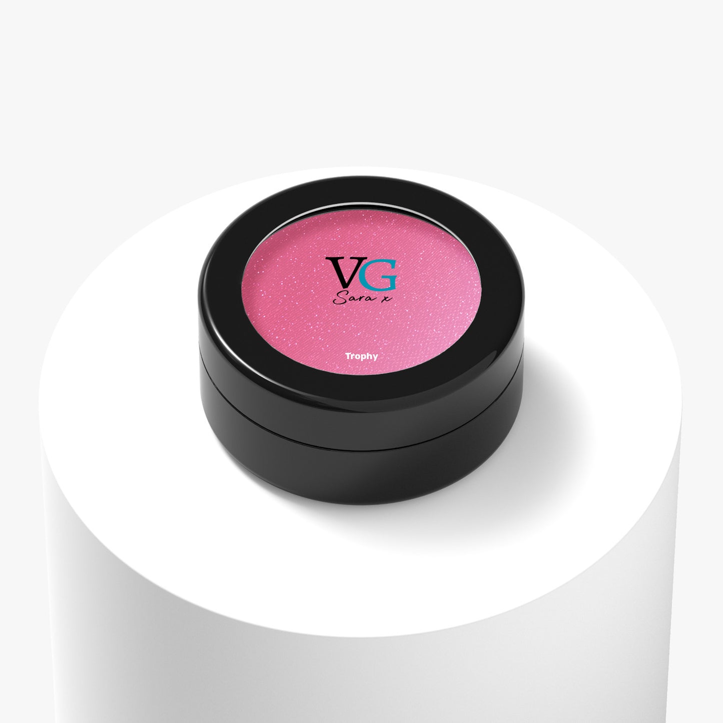 Black container with a printed name Trophy of  vegan sparkling eyeshadow with logo
