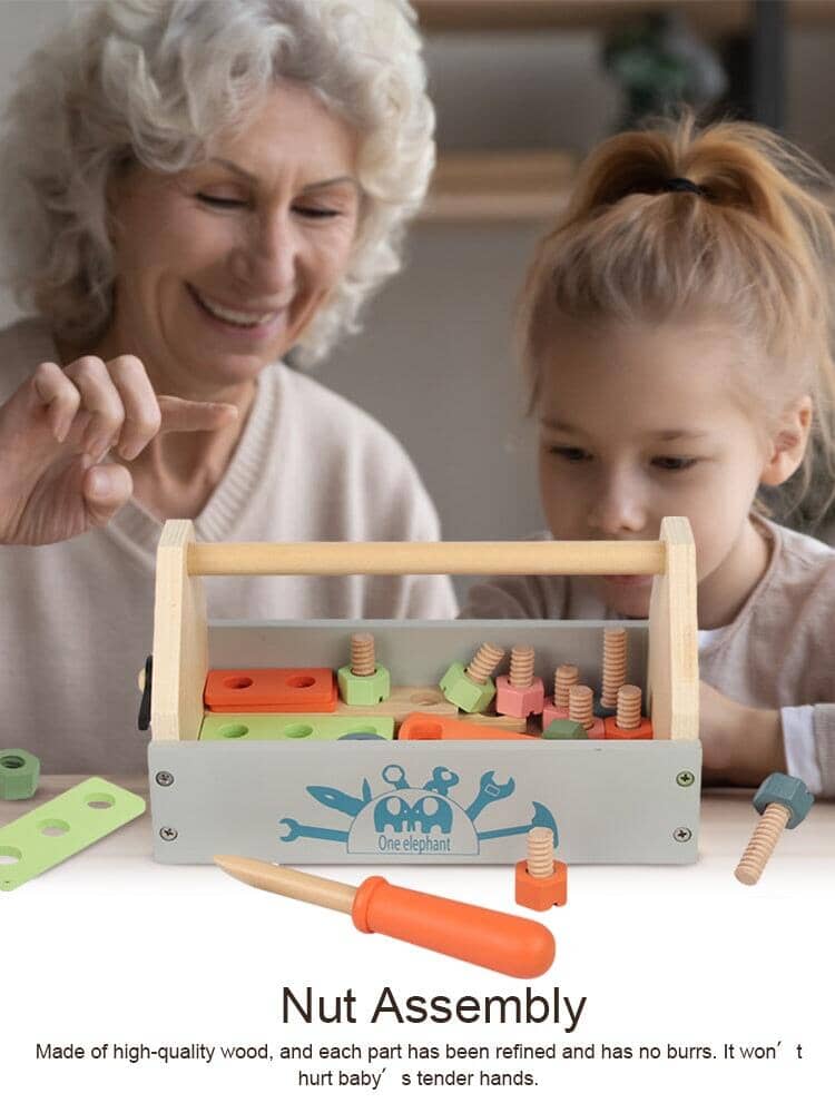 A child engaging with a children's simulation repair toolbox set