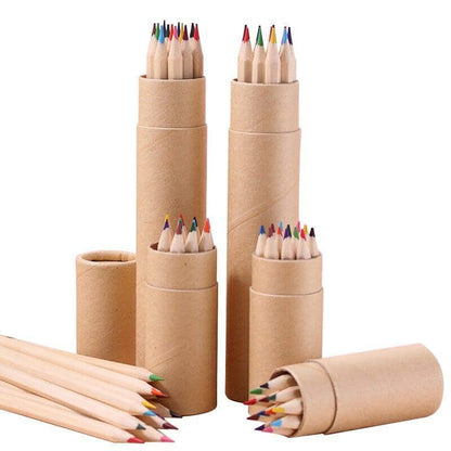 A cylindrical container displaying a selection of colored pencils with different hues