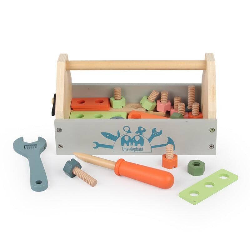 Close-up of the children's simulation repair toolbox set with assorted toy tools