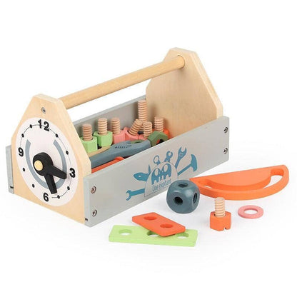 Overhead view of a children's simulation repair toolbox with toy tools and a clock