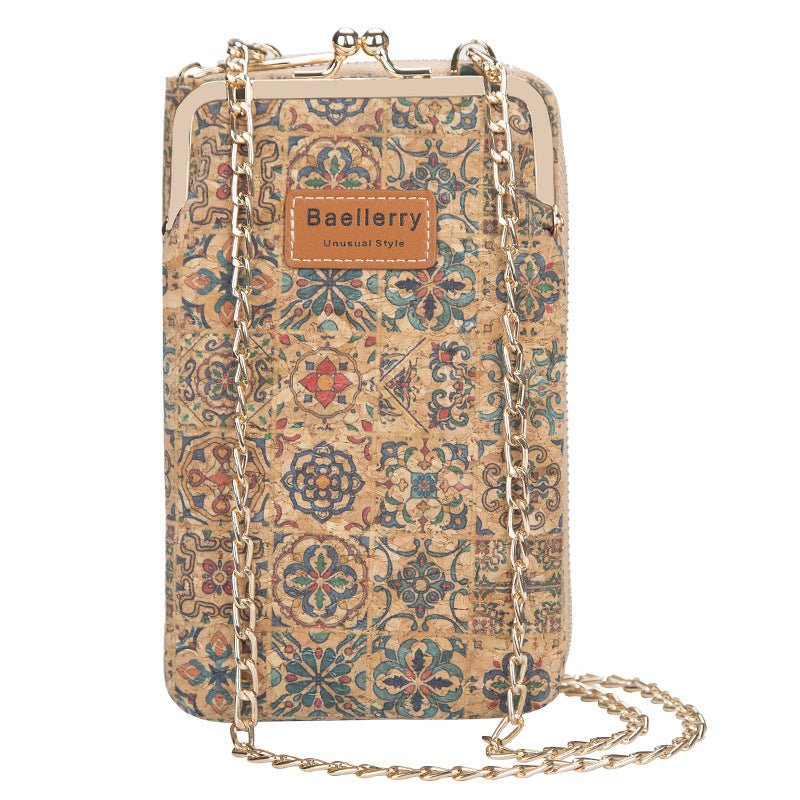 Cork material crossbody phone wallet for women with a stylish chain strap