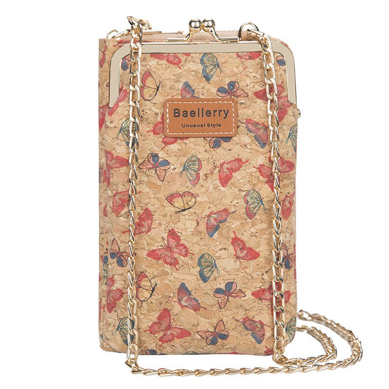  print Butterflies cork wallet designed for women, featuring a secure chain strap
