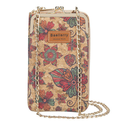 Cork wallet featuring a floral design and an elegant chain for carrying
