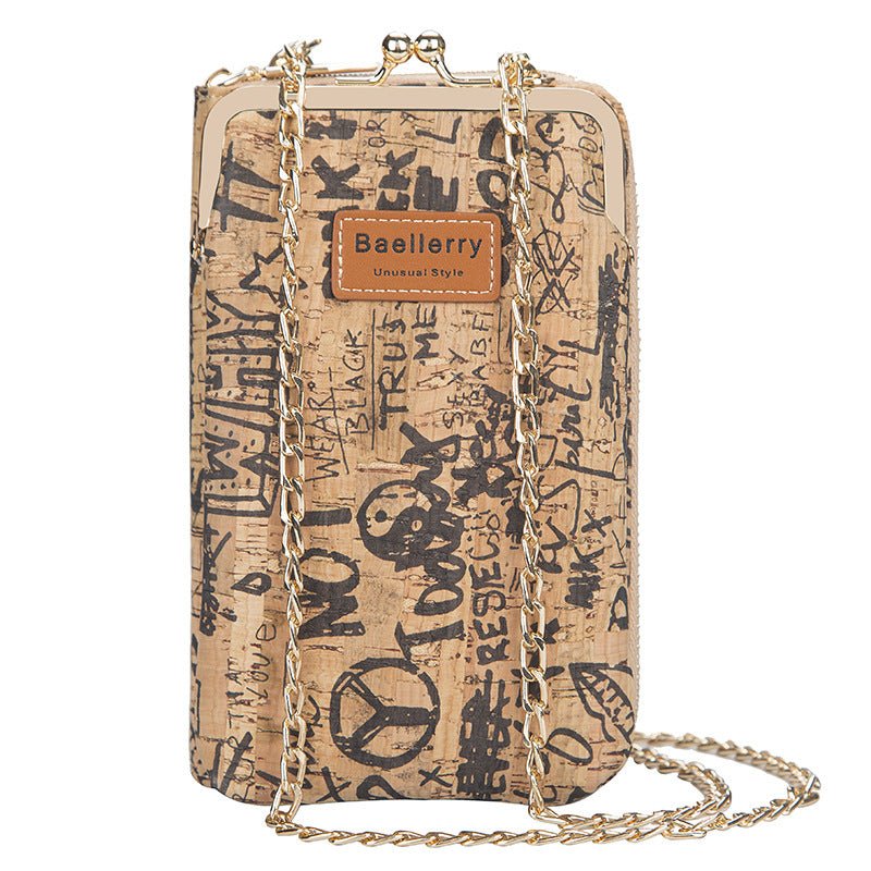 Women's sustainable phone wallet made of cork with a sleek chain strap