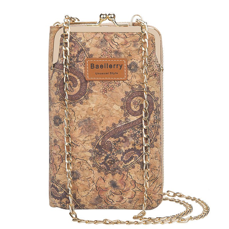 Women's cork phone wallet with a brown and gold floral motif and chain strap