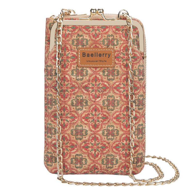 Sustainable cork phone wallet in pink with gold accents and a stylish chain