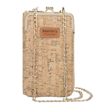 Sustainable women's phone wallet crafted from cork with an elegant chain detail