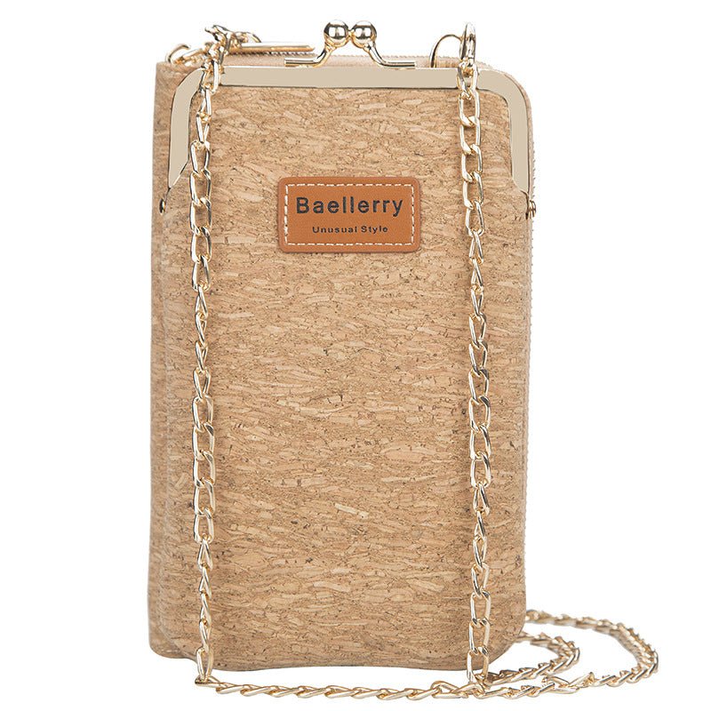 Designer-inspired cork phone wallet with a chain strap for fashion-conscious women