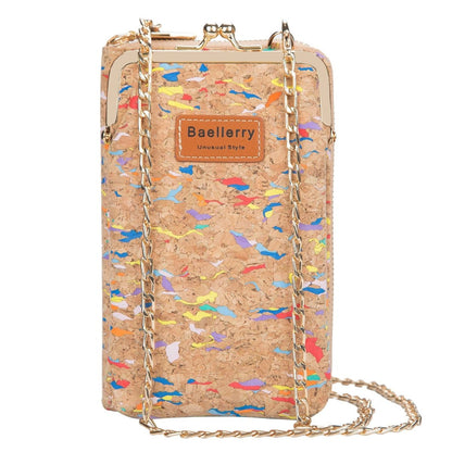 Colorful cork-made phone wallet with a unique pattern and chain accessory