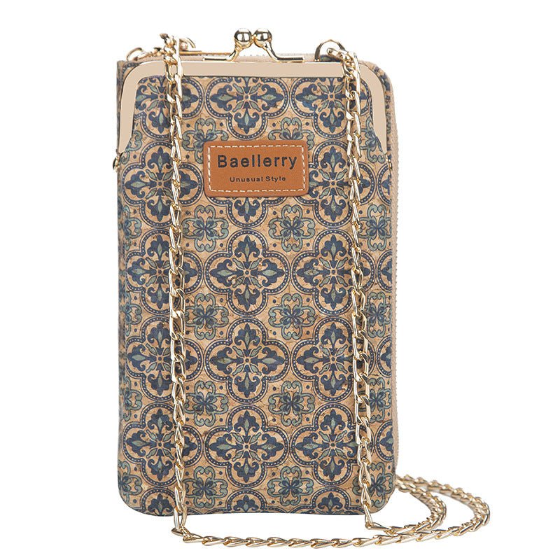 Chic cork phone wallet with a durable chain strap for women's essentials