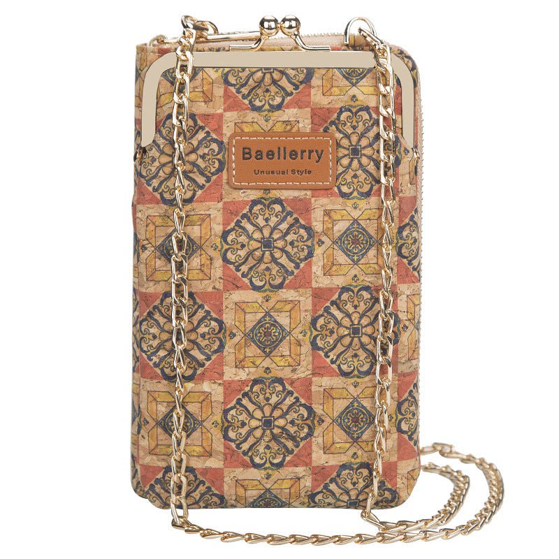 Sophisticated floral  geometric pattern cork phone wallet with a chain accent for women