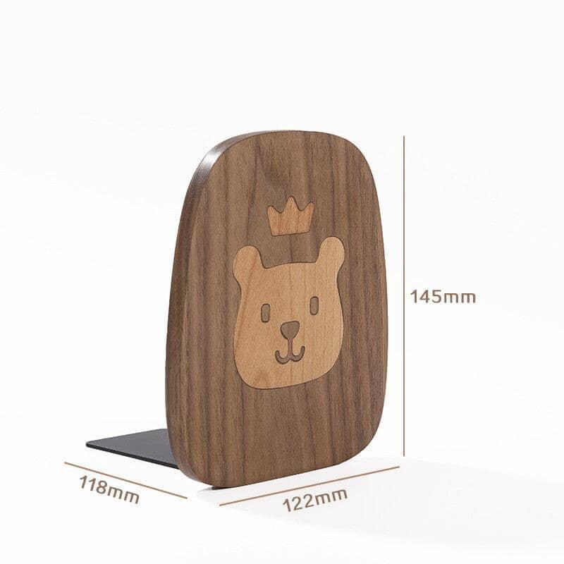 Decorative wooden book stand featuring a carved bear design with dimensions