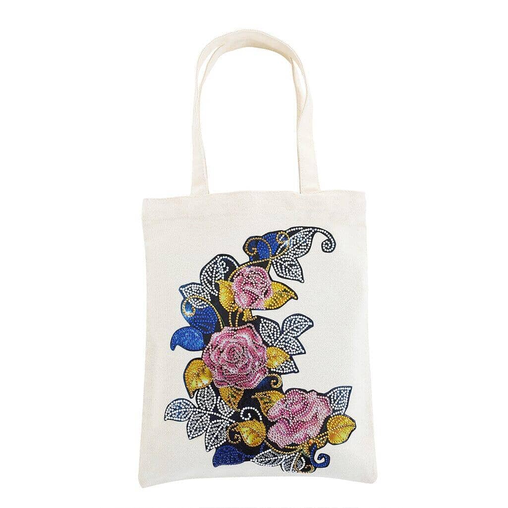 White tote bag with a unique diamond-painted floral pattern for DIY enthusiasts