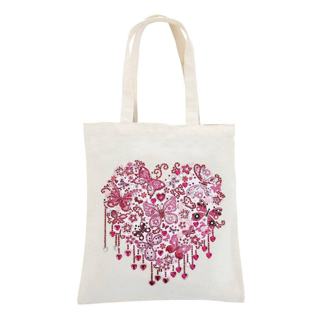 Reusable tote bag featuring diamond-painted pink heart artwork