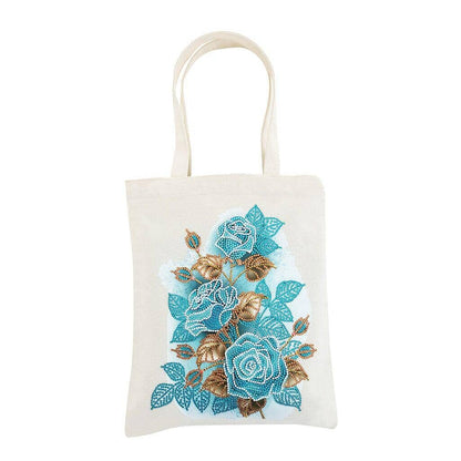 Eco-conscious tote bag with a diamond-painted blue rose pattern