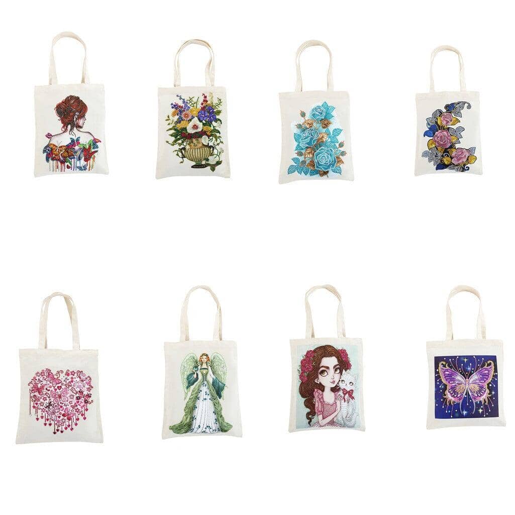 Collection of eight eco bags with various diamond painting designs