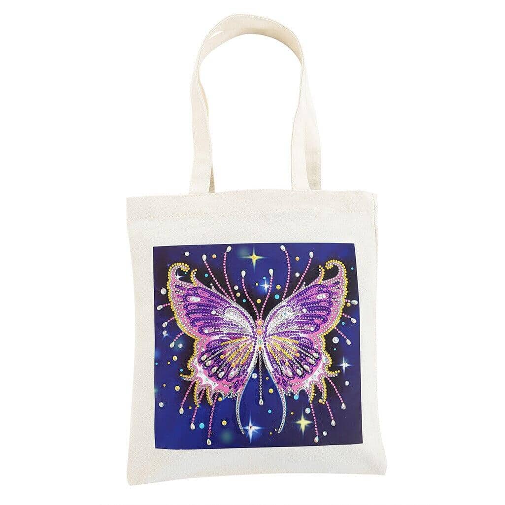 Diamond painting eco tote bag with a purple butterfly and celestial pattern