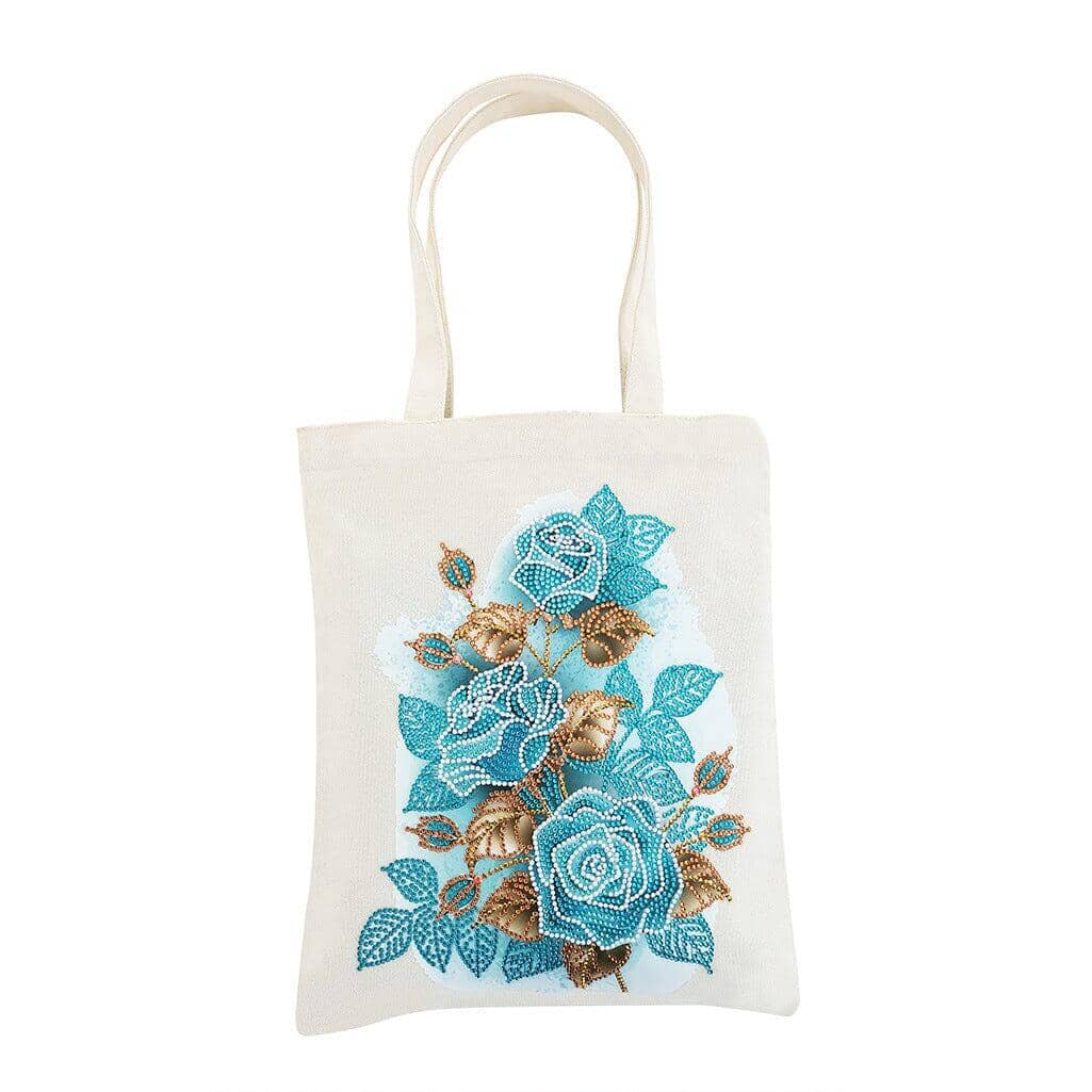 Blue floral diamond painting design on eco canvas bag