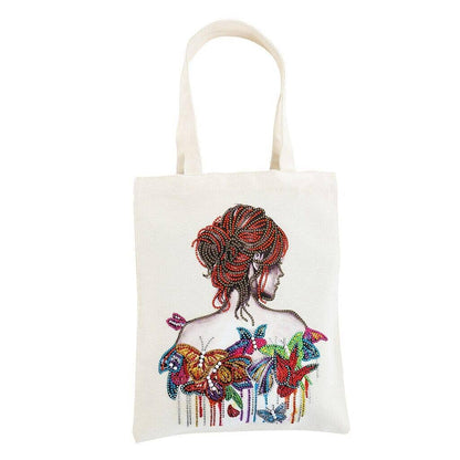 Artistic woman with flowers illustration on a DIY diamond painting bag