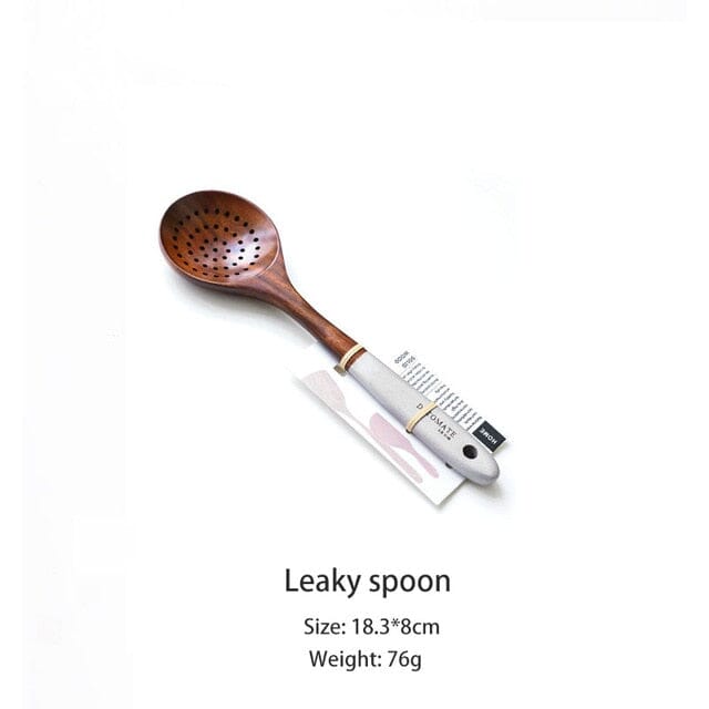 Teak wood spoon from eco-friendly set with engraved brand name