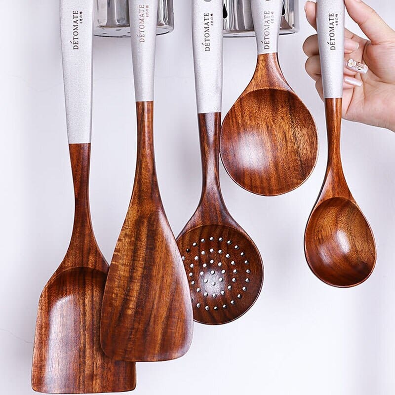 Eco-friendly teak wood utensils with metallic accents