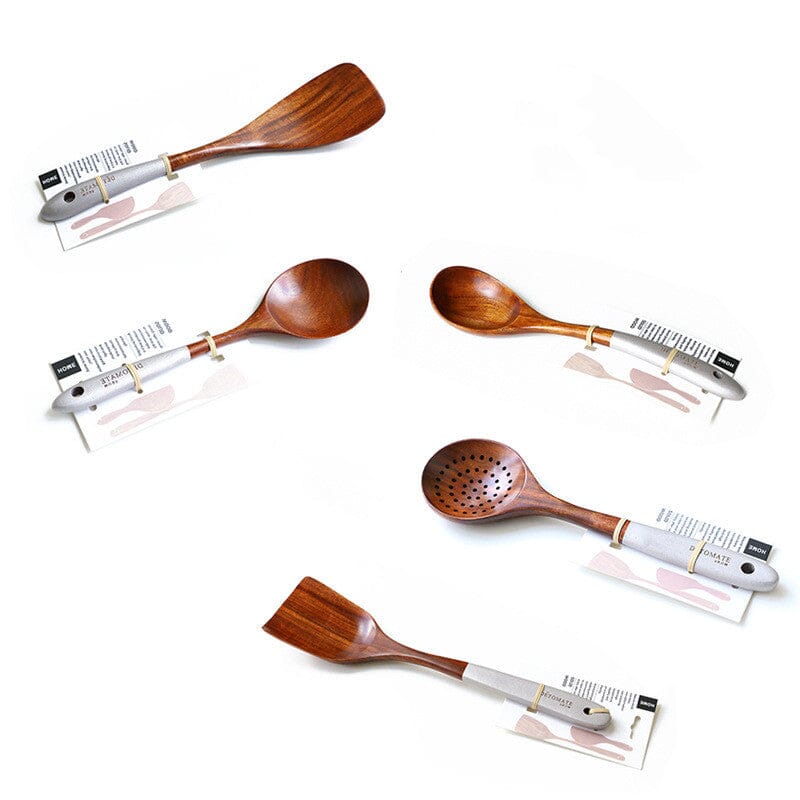 Teak wood kitchen tools with contrasting white-tipped handles